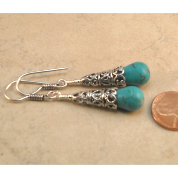 Turquoise and Silver Filigree Drop Dangle Earrings - Picture 4 of 4